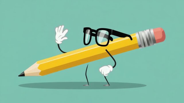 Friendly Pencil Character with Glasses Waving Hello in Clean Flat Cartoon Style