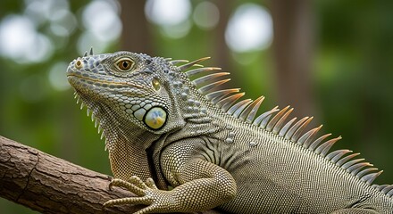 Fototapeta premium Close-up of a Green Iguana perched on a tree branch with lush green foliage in the background