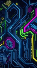 Futuristic motherboard schematic displaying colorful neon circuit pathways
