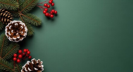 Elegant Christmas themed background with pine cones and red berries frame