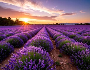 Fototapeta premium Golden sunset over a vast purple lavender field