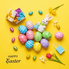 Vibrant Easter themed flat lay featuring decorative eggs and springtime symbols