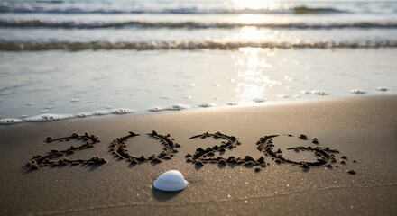 The year 2026 written in sand on a beach with a seashell, as gentle waves approach under a soft sunset.