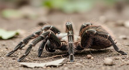 Close-up of a hairy tarantula spider with dark legs on the ground