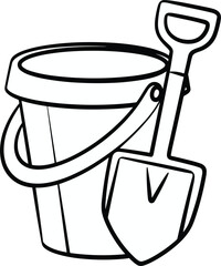 Beach bucket and shovel line art on white background pail spade