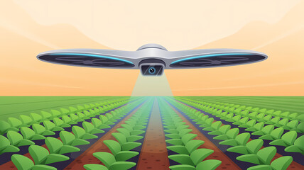 Flat Art Illustration of Agricultural Drone over Green Crops on a Smart Farm