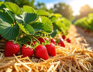 Fresh Strawberries Growing on a Farm, Ripe and Ready to Be Harvested