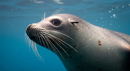 Fototapeta premium Close-up of a Harbor Seal Underwater with Bubbles Floating Up in Blue Water