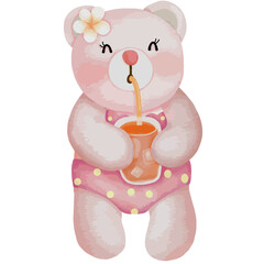 Cute white bear relaxing in summer with orange juice, adorable cartoon vector illustration