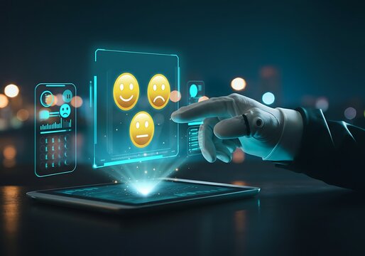 Futuristic Customer Feedback Interface with Emoji and Hand Interaction on Tablet Technology Displaying User Experience