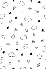 Cute Black and White Kawaii Doodle Pattern