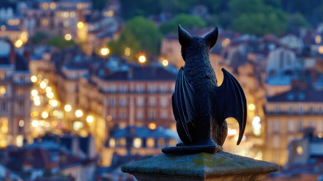 Silhouette of a bat sculpture against a cityscape background at dusk - Powered by Adobe
