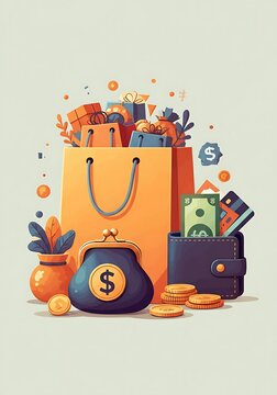 Vibrant Shopping Bag Filled with Gifts Wallet and Coins Representing Consumerism and Spending