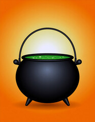 Halloween Cauldron with Bubbling Brew: A black cauldron with a sturdy handle stands against an vivid orange backdrop, its depths brimming with bubbling, verdant concoction, suggesting an eerie.