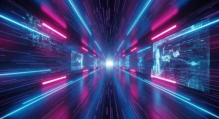 Neon Futuristic Cyberpunk Abstract Tunnel with Glowing Digital Effects