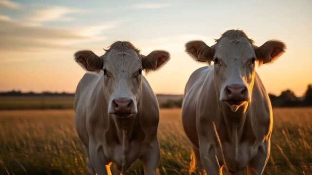 Two Curious Cows Standing in a Golden Field at Sunset.