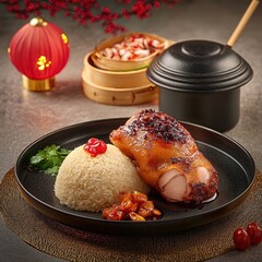 Traditional Chinese New Year Celebration Dish with Chicken, Rice, and Festive Decorations for Family Gatherings