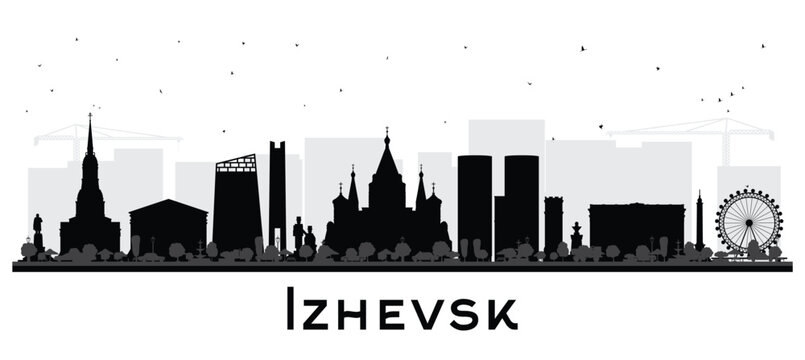Izhevsk Russia city skyline silhouette with black buildings isolated on white. Izhevsk cityscape with landmarks. Business travel and tourism concept with modern and historic architecture.