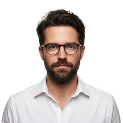 Obraz premium Close-up of a handsome man with beard, glasses, white shirt, serious look, black background
