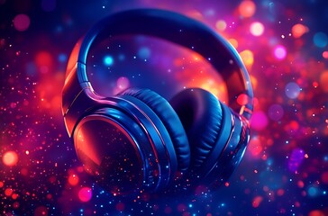 Immersive audio experience with glowing headphones against a vibrant bokeh background