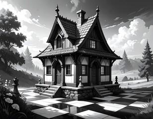 Illustration of a charming fairytale house on a chessboard-like field in monochrome style