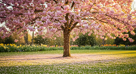 Naklejka premium Cherry Blossom Tree in Spring Garden with Petals Falling