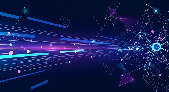 Abstract digital network with glowing lines and nodes on dark blue background technology connection - Powered by Adobe