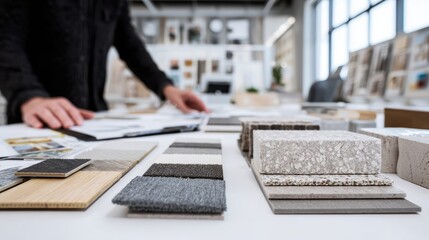 Designer selecting healthy interior materials inside modern showroom where sustainable textures, finishes, and furnishings are chosen to enhance wellness and improve indoor living environments.