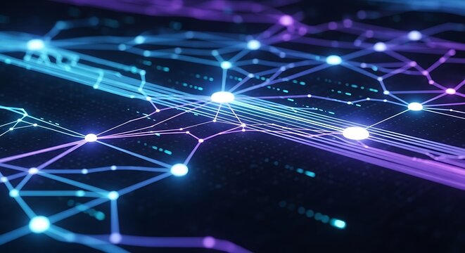 Abstract network of glowing blue and purple nodes and lines on dark background connection technology