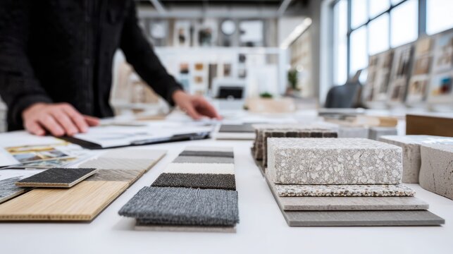 Designer selecting healthy interior materials inside modern showroom where sustainable textures, finishes, and furnishings are chosen to enhance wellness and improve indoor living environments.