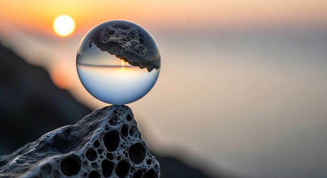 Crystal ball on porous rock reflects sunset over calm ocean water glass sphere