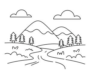 Simple outline drawing of a mountain landscape with a river and trees