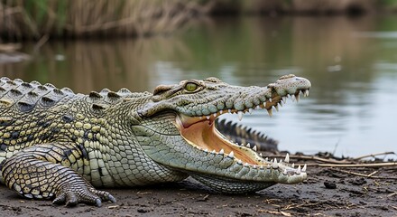 Obraz premium Close-up of a large crocodile with mouth wide open showing sharp teeth on a muddy river bank