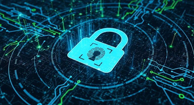 Cyan padlock with fingerprint scan on digital circuit board background digital security cybersecurity - Powered by Adobe