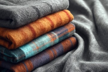 Plaid and Flannel Blankets for Fall. Colorful folded wool blankets stacked.