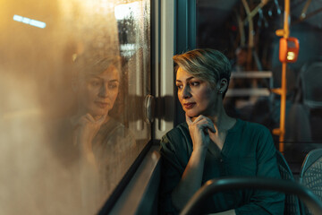 Woman sitting next to the bus window with her reflection visible