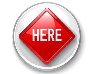 Glossy Red Diamond Button with the Text 'HERE' in White Against a White Background