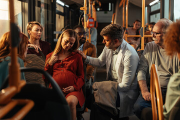 Passengers looking at a distressed pregnant woman on a bus