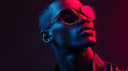 Stylish African American Man with Sunglasses in Bold Pink and Blue Neon Light