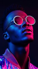 Stylish African Man with Round Sunglasses Under Neon Lights Looking Upward, Striking Portrait