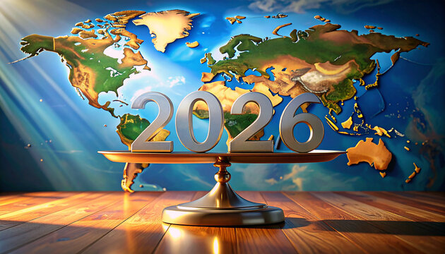 Future World: The year 2026 stands balanced on a scale before a map of the world, symbolizing global equilibrium and the challenges that lie ahead in the years ahead. 