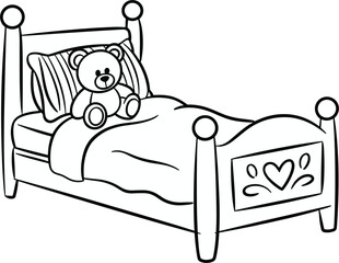 Teddy bear sitting on a child's bed with heart decoration stuffed animal