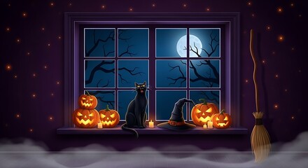 Spooky Halloween night scene with black cat pumpkins and witch's hat at window