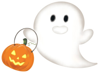 A Halloween - themed drawing of a cute little ghost and pumpkin ghost. Illustration vector.