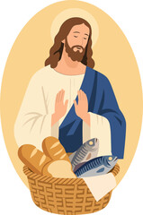 Jesus with Bread and Fish Miracle Vector Illustration