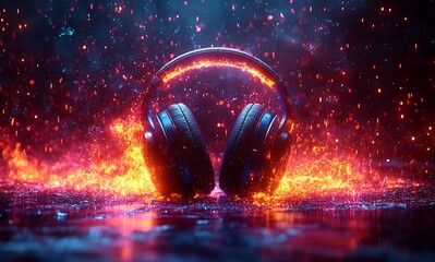 Captivating headphones engulfed in vibrant flames and glowing embers, a symbol of passionate audio experience and explosive sound