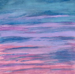 Acrylic painting nature background of pink and blue sky on paper. Landscape. illustration for colorful sky or cloudscape concept. copy space for the text. Hand painted texture style.