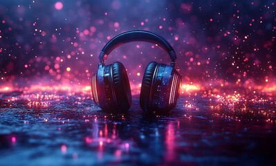 Immersive audio experience with glowing headphones on a reflective surface, showcasing vibrant lights and bokeh effects