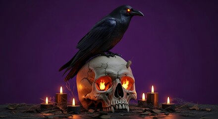 Creepy black raven perched atop skull with glowing eyes and spooky candles around