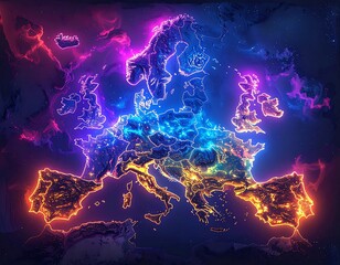 Glowing Futuristic Map of Europe with City Lights and Neon Outlines